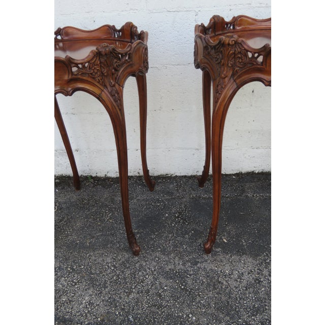 French Early 1900s Carved Inlay Round Side End Tables a Pair 6139 For Sale - Image 12 of 17