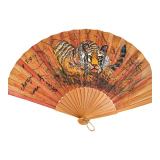 Vintage Korean Hand Painted Tiger Folding Fan Bamboo Signed Korea Asian Folk Art For Sale