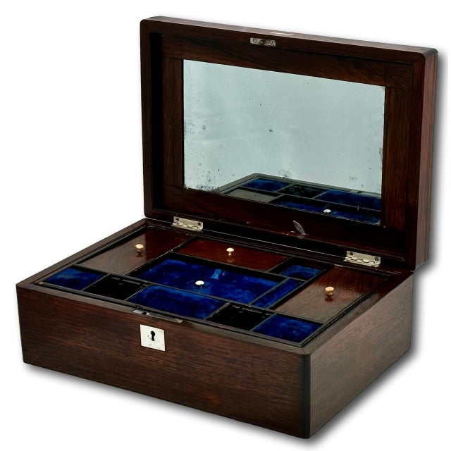 Wood Outstanding Antique Victorian Rosewood Veneer Sewing Box With Fancy Abalone Seashell Inlay Flowers - Circa 1870s For Sale - Image 7 of 18