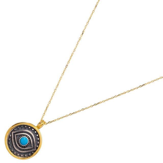 Turquoise & Sterling Silver Positive Energy Pendant Gold Necklace For Sale In Miami - Image 6 of 9
