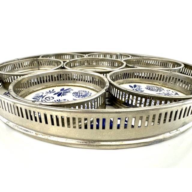Chinoiserie Vintage Blue & White Porcelain Coaster Set With Pierced Metal Tray, Blue Onion Style Barware Set For Sale - Image 3 of 9