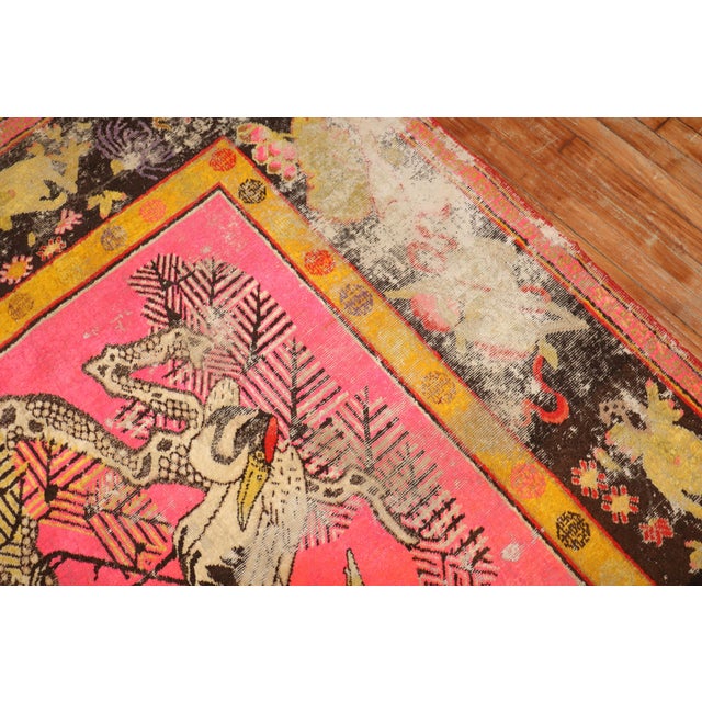Zabihi Collection Bright Pink Antique Worn Flamingo Pictorial Khotan Rug - 5'10" x 10' For Sale - Image 10 of 12