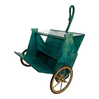Aldo Tura Vintage Green Goatskin Bar Cart, 1960's For Sale