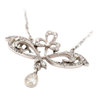Antique Art Nouveau Platinum Pendant Necklace - 0.4ct Pear Cut Diamond Drop - For Sale