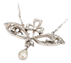Antique Art Nouveau Platinum Pendant Necklace - 0.4ct Pear Cut Diamond Drop -