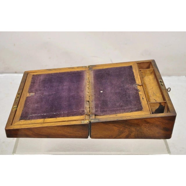 Victorian Antique English Victorian Burl Walnut Small Lap Desk Box With Fitted Interior For Sale - Image 3 of 12