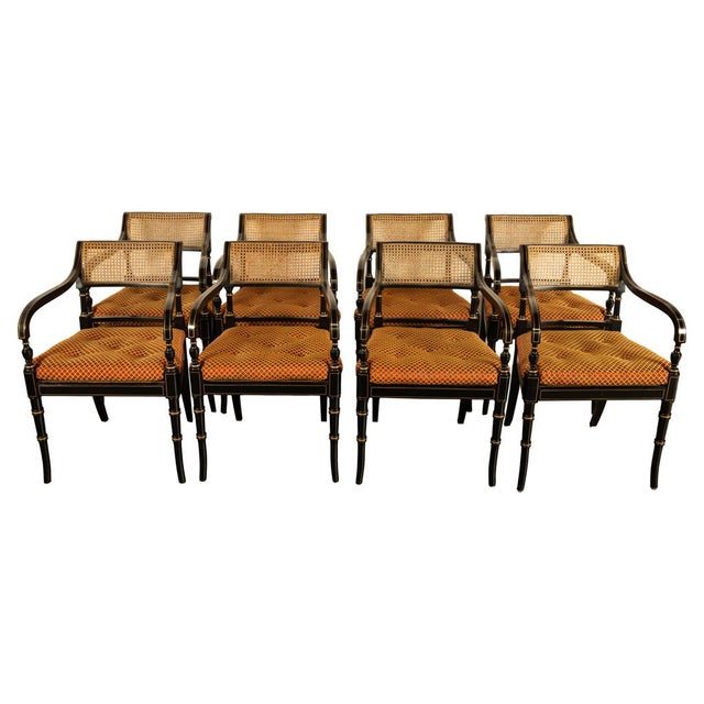 Traditional 1960s Set Eight Federal Style Japanned & Gilded Dining Arm Chairs Kittinger Furniture For Sale - Image 3 of 17
