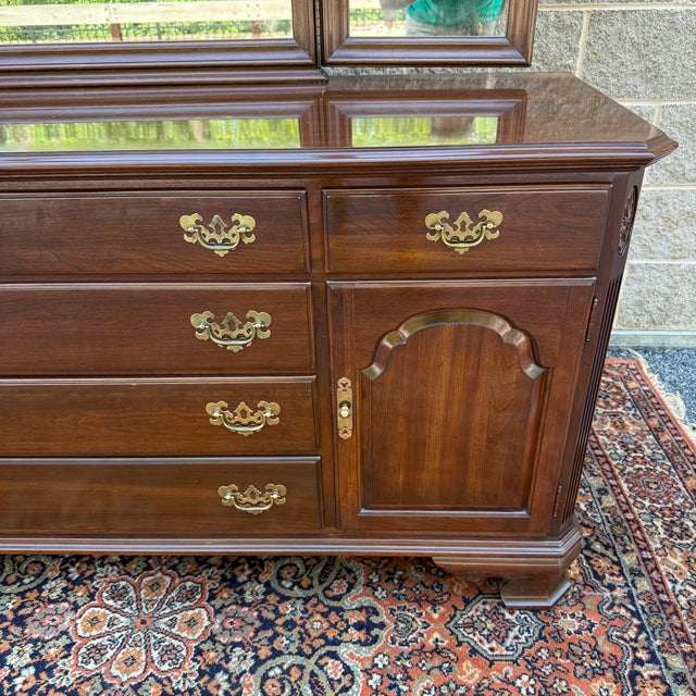 Brown 1980s Ethan Allen Georgian Court Solid Cherry 8 Drawer Low Dresser & Trifold Mirror (11-5223) For Sale - Image 8 of 18