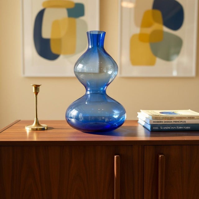 Mid-Century Modern Vintage Hand Blown Blue Studio Art Glass Vase-Translucent-Double Gourd-Bottle For Sale - Image 3 of 9