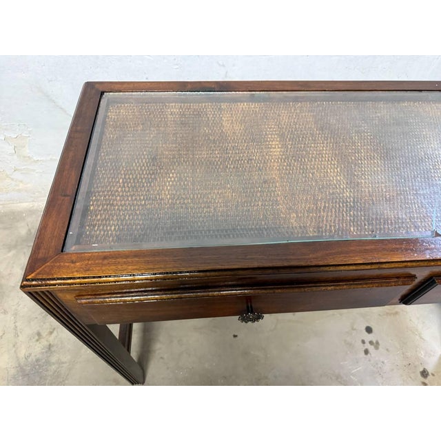 Vintage Chinioiserie Style Glass Rattan Top 2 Tier Console Table Desk For Sale - Image 14 of 14