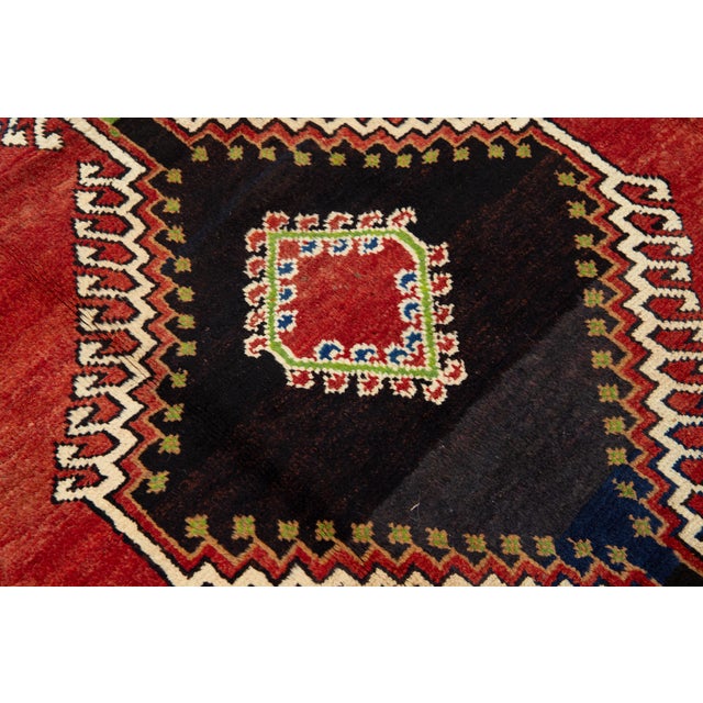 1950s Vintage Handmade Red Shiraz Wool Rug With Tribal Design For Sale - Image 5 of 8
