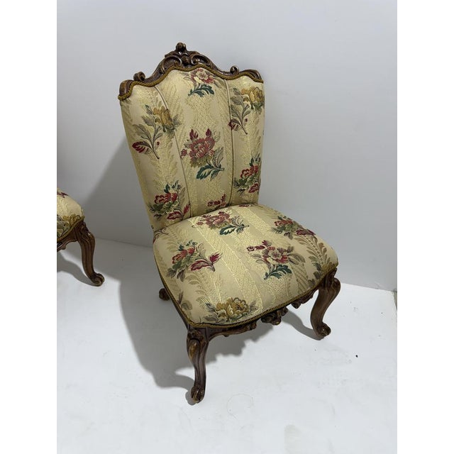 Small Louis XV Style Armchairs in Curved Carved Wood with Floral Fabric, 1940s, Set of 2 For Sale - Image 9 of 10