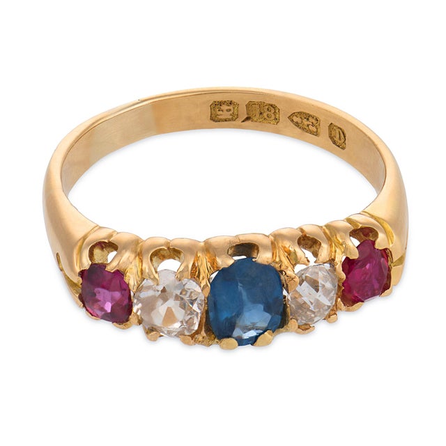 Victorian 19th Century Victorian English Sapphire Ruby Diamond 18k Yellow Gold Five Stone Ring, Size 5.75 For Sale - Image 3 of 7
