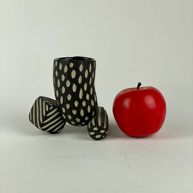 Postmodern 1990s Unusual Oval Shaped Pottery Vase With Geometric Forms in B/W Dots & Stripes Pattern For Sale - Image 3 of 9