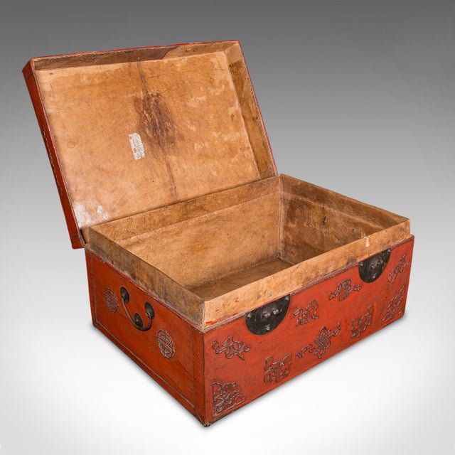 Red Vintage Decorative Trunk, Oriental, Leather, Travel Case, Storage Case, Art Deco For Sale - Image 8 of 12