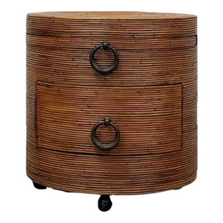 Late 20th Century Pencil Reed Ribbed Round Rolling Side Table Drawer Gabriella Crespi Style For Sale