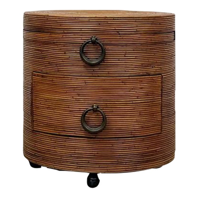 Late 20th Century Pencil Reed Ribbed Round Rolling Side Table Drawer Gabriella Crespi Style For Sale