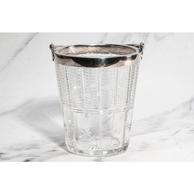 Brilliant English Vintage Crystal Ice Bucket Silverplate Rim Handle Luxury Barware Home Decor For Sale In New York - Image 6 of 10