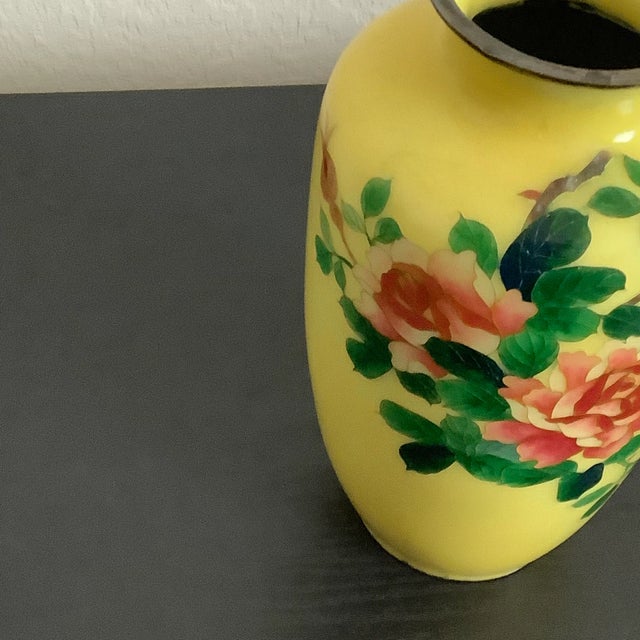 Asian Yellow Cloisonne Enamel Rose Metal Vase. Asian Yellow Cloisonne Enamel Rose Metal Vase. This gorgeous bright vibrant...