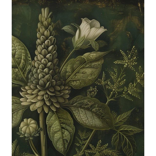 Grisaille Dark Green Flowers - Botanical Fine Art Print Dimensions: Print size (in): 18 x 18 (additional white borders for...