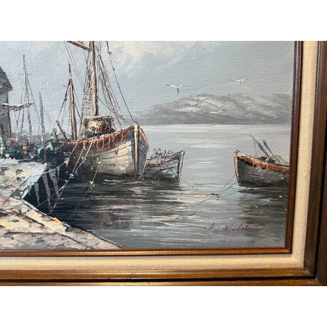 Wood Vintage European Harbor Oil Painting Fishing Boats Seascape Framed Signed For Sale - Image 7 of 12