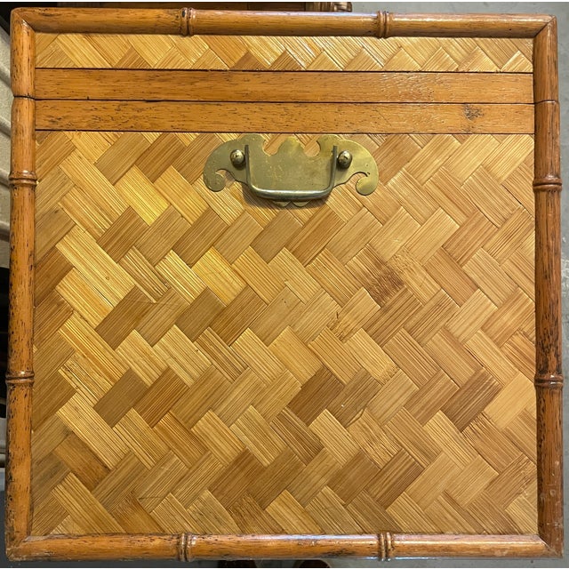 Wood 1970's Bamboo & Woven Wicker Herringbone Design Trunk For Sale - Image 7 of 7