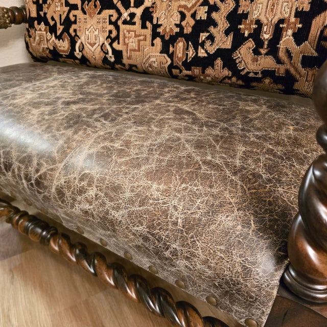 Brown Custom Louis XIII Revival Loveseat/Bench With Distressed Leather and Tapestry Upholstery For Sale - Image 8 of 12