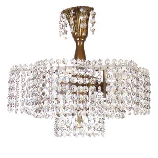 Antique Brass Lead Crystal Three-Light Chandelier, 1930s For Sale