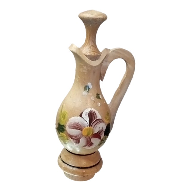 1980s Gorgeous Hand Painted Wooden Cruet W/ Stopper For Sale