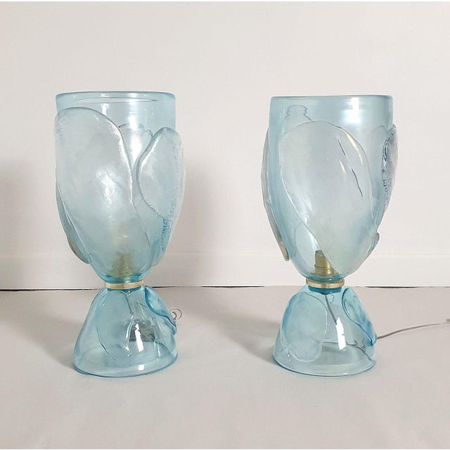 1970s 1970s Mid Century Modern Blue, Seguso Style Murano Glass Lamps - A Pair For Sale - Image 5 of 12