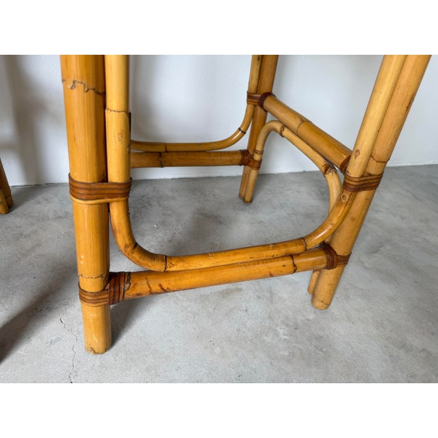 Vintage Coastal Organic Bamboo & Rattan With Leather Wrapped Bar Stools - A Pair For Sale - Image 12 of 13