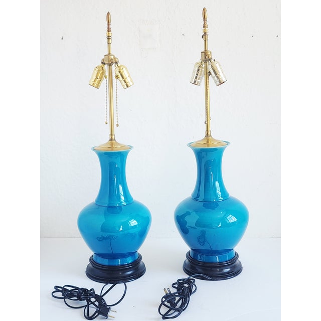 Mid Century Modern Blue Cerulean Table Lamps-a Pair For Sale - Image 4 of 12