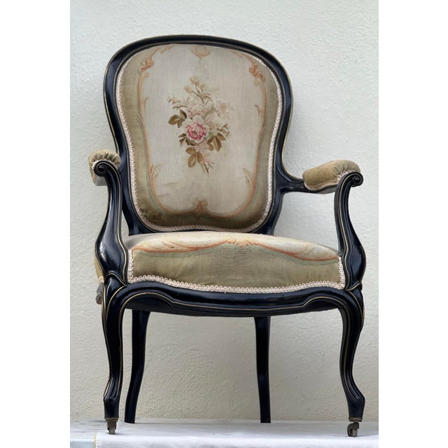French Pair of Antique 19th Century Ebonized French Fauteuils W/Original Needlepoint Upholstery For Sale - Image 3 of 11