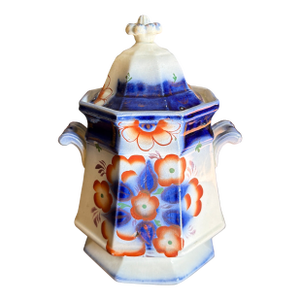 Antique Gaudy Welsh Crescent Pinwheel Flow Blue Covered Sugar Bowl, Circa 1840s