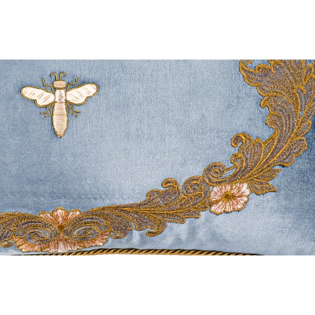 Venice Blue Silk Velvet Embroidered Throw Pillow Cover, 12 X 20 For Sale In Miami - Image 6 of 8