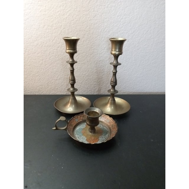 1970s Lot of 3 Vintage Solid Brass Candlestick Holders, Made in India For Sale - Image 5 of 7