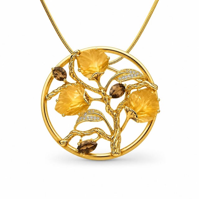 Mid 20th Century 14k Yellow Gold Diamond Topaz Smokey Quartz Leaf Pendant For Sale - Image 4 of 4