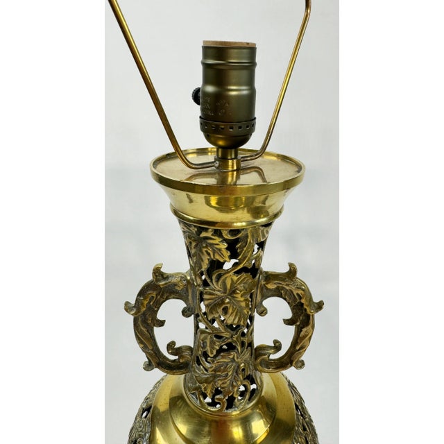 Metal Vintage Reticulated Brass Filigree Table Lamps, Pair For Sale - Image 7 of 9
