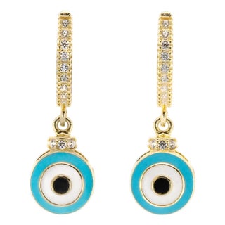 Turquoise Enamel Diamond Hoop Evil Eye Earrings, A Pair For Sale