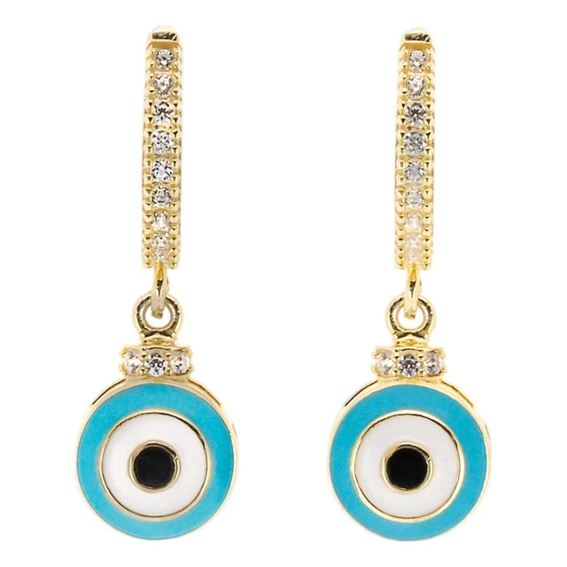 Turquoise Enamel Diamond Hoop Evil Eye Earrings, A Pair For Sale