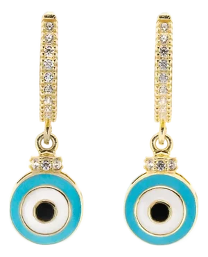 Turquoise Enamel Diamond Hoop Evil Eye Earrings, A Pair