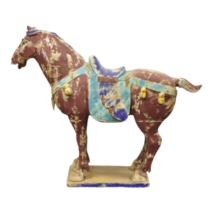 Late 20th Century Chinese Polychrome Wooden Carved Wood 29" Tang Horse Sculpture Statue Red Figure