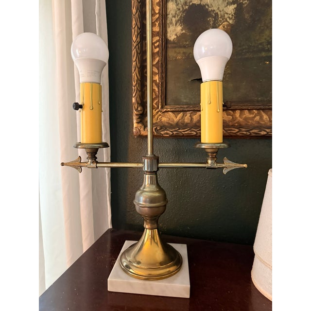 Mid 20th Century Vintage French Brass & Marble Bouillotte Lamp – Twin Arrow / Archer Table Lamp With Clip-on Shades For Sale - Image 5 of 11
