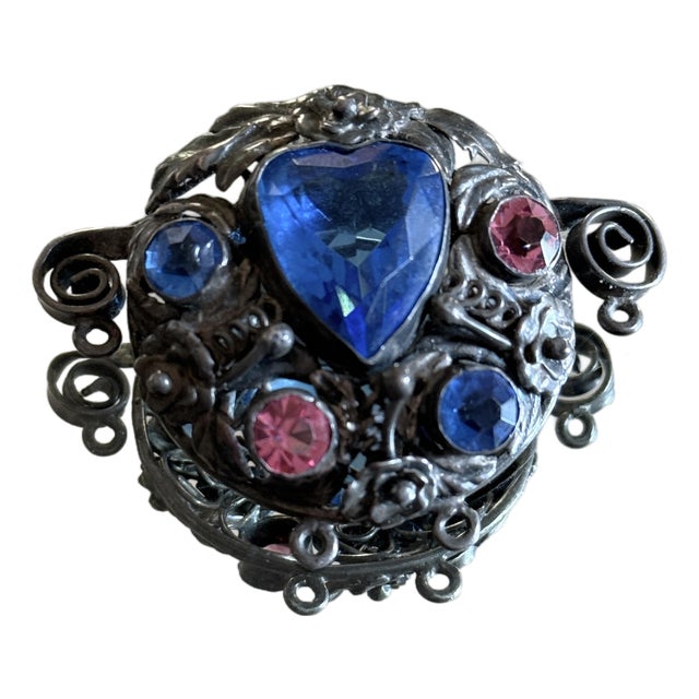 1940s Hobé Sterling Silver Floral Brooch With Pâte De Verre and Rhinestone Accents For Sale