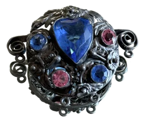 1940s Hobé Sterling Silver Floral Brooch With Pâte De Verre and Rhinestone Accents
