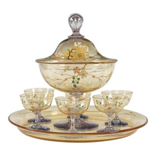 Antique French Baccarat Eugene Rousseau Enamel Glass Clair de Lune Fruit Dessert Compote Serving Set - Set of 7 For Sale