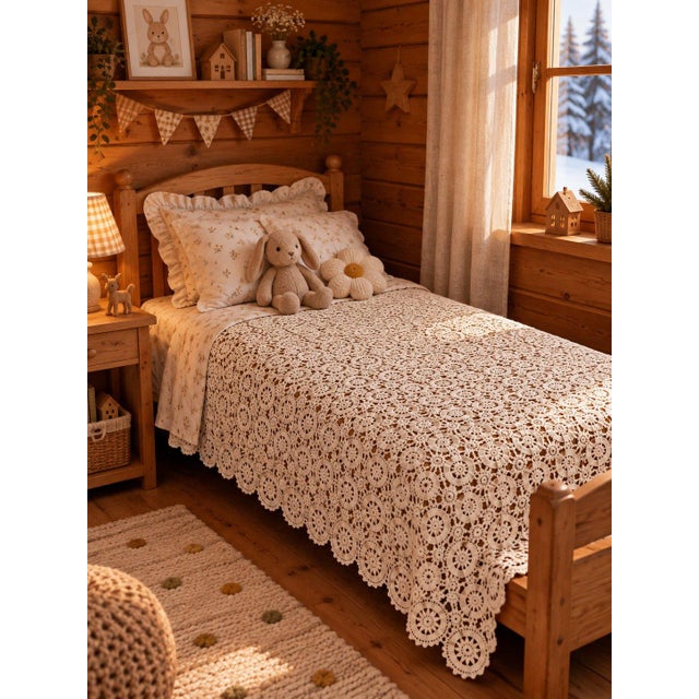 Late 20th Century Vintage Crochet Tablecloth or Bedspread Doily Design Ecru Handmade For Sale - Image 5 of 5