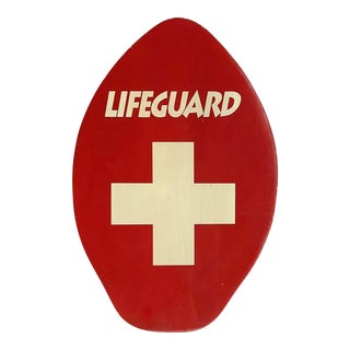 Vintage Red and White Wood Lifeguard Rescue Board For Sale