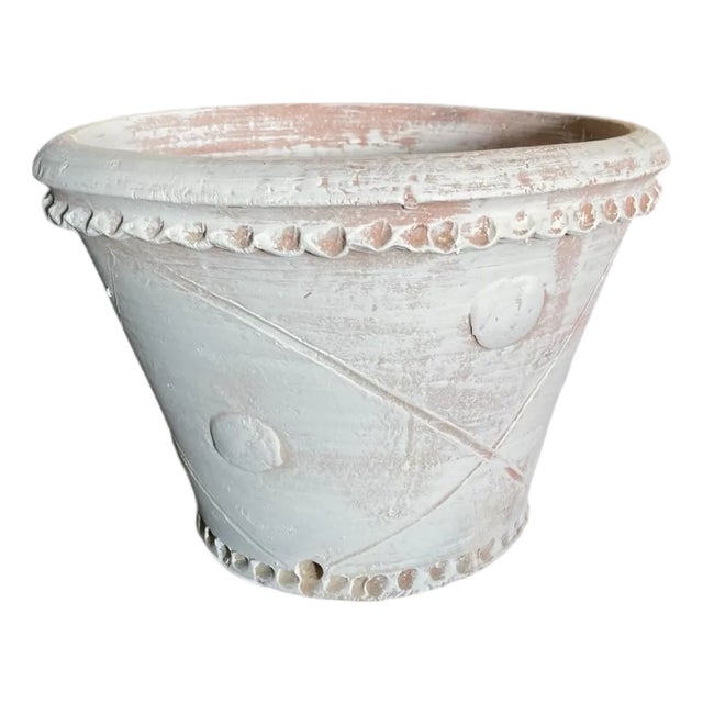 Hand-Painted Mediterranean Whitewash Terracotta Planter For Sale