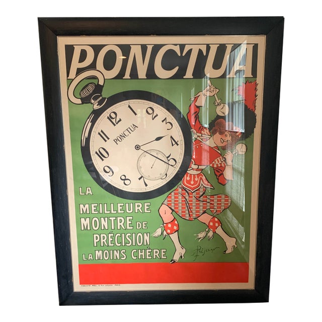 Rene Prejelan French Lithographic Poster Framed "Ponctua: La Meilleure Montre De Precision" For Sale